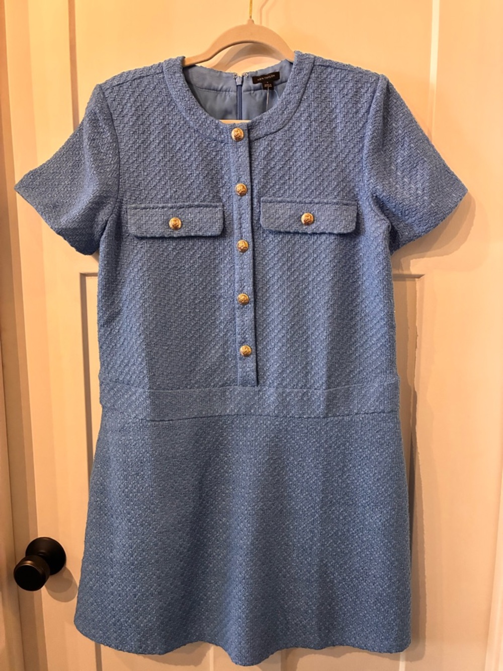 Ann Taylor Baby Blue Tweed Short Sleeve Dress with Gold Decorative Buttons